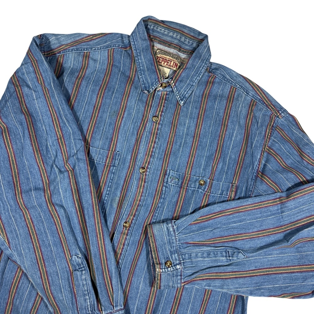 Zeppelin Mens Vintage Denim Button Up Shirt Large Blue Striped Cotton 1165